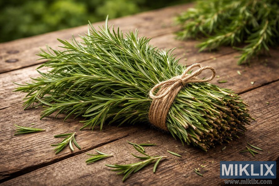Bundle of freshly harvested rosemary stems tied with twine resting on a rustic wooden table outdoors