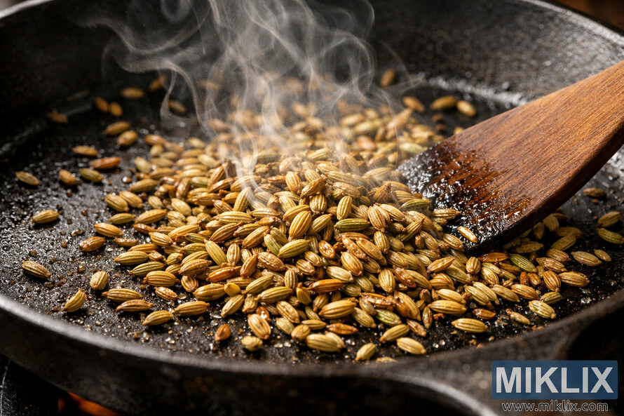 Close-up of fennel seeds being toasted in a cast iron pan with a wooden spatula stirring them as aromatic smoke rises. Close-up of fennel seeds being toasted in a cast iron pan with a wooden spatula stirring them as aromatic smoke rises.