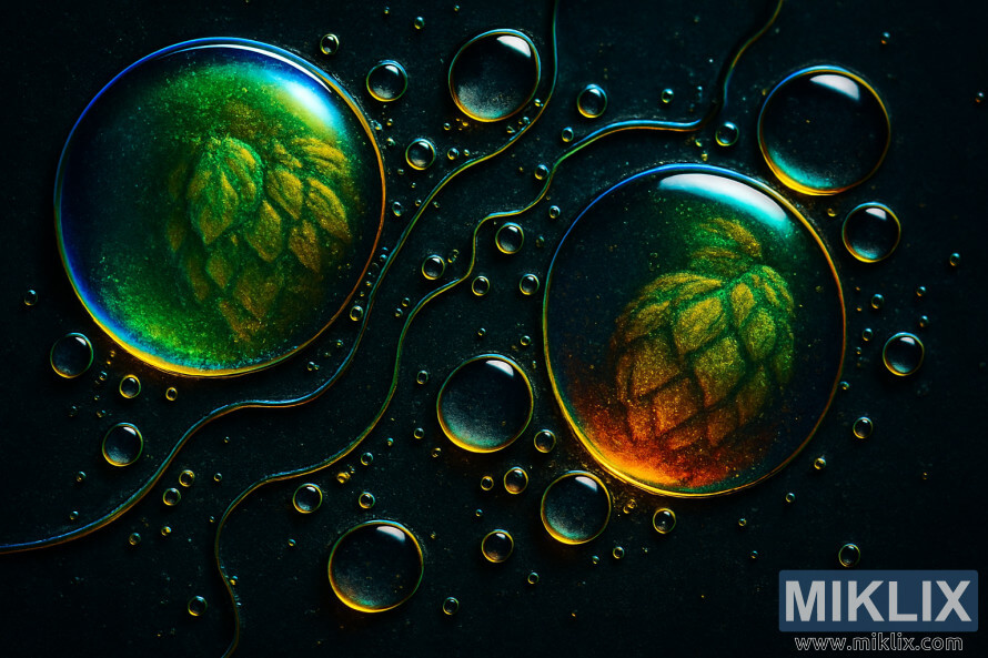 IlustraÃ§Ã£o macro de vibrantes gotas de Ã³leo multicoloridas sobre um fundo escuro, com padrÃµes luminosos de cones de lÃºpulo visÃ­veis dentro de esferas maiores.