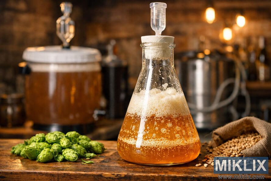 Close-up of a glass flask filled with golden fermenting beer, bubbling with East Coast Ale yeast on a wooden countertop, surrounded by hops, barley, and brewing equipment in a warmly lit brewery.
