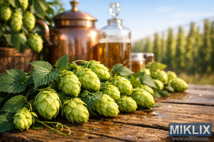 A landscape photo of fresh green hop cones on a rustic wooden table with copper brewing equipment and blurred golden hop fields under a clear blue sky. A landscape photo of fresh green hop cones on a rustic wooden table with copper brewing equipment and blurred golden hop fields under a clear blue sky.