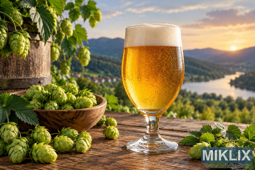 Golden finished homebrew beer with a foamy head in a clear stemmed glass, surrounded by fresh green hop cones on a rustic wooden table overlooking a sunlit river valley at sunset.