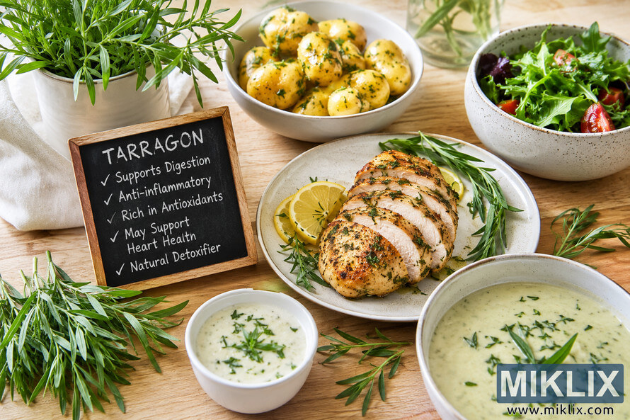 A high-resolution landscape food photography scene featuring fresh tarragon herbs alongside healthy homemade dishes including herb-roasted chicken, creamy tarragon soup, potato salad, green salad, and dipping sauces on a rustic wooden table with a small chalkboard listing the health benefits of tarragon. A high-resolution landscape food photography scene featuring fresh tarragon herbs alongside healthy homemade dishes including herb-roasted chicken, creamy tarragon soup, potato salad, green salad, and dipping sauces on a rustic wooden table with a small chalkboard listing the health benefits of tarragon.
