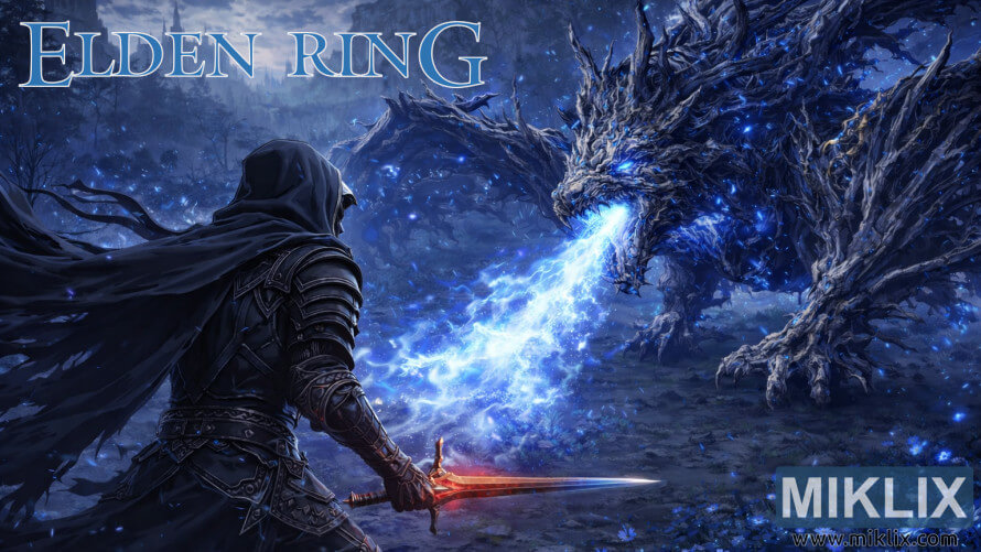 Fan art of Tarnished in Black Knife armor battling Ghostflame Dragon at Moorth Highway in Elden Ring: Shadow of the Erdtree Fan art of Tarnished in Black Knife armor battling Ghostflame Dragon at Moorth Highway in Elden Ring: Shadow of the Erdtree