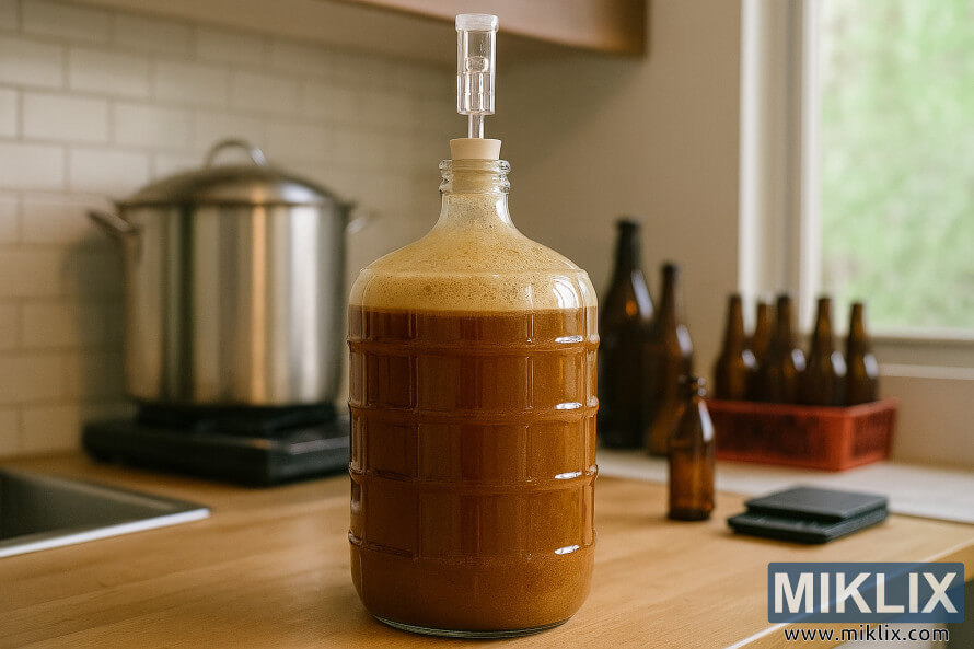 Une bonbonne en verre en train de fermenter une biÃ¨re forte amÃ©ricaine sur un comptoir en bois dans une cuisine de brasseur amateur moderne