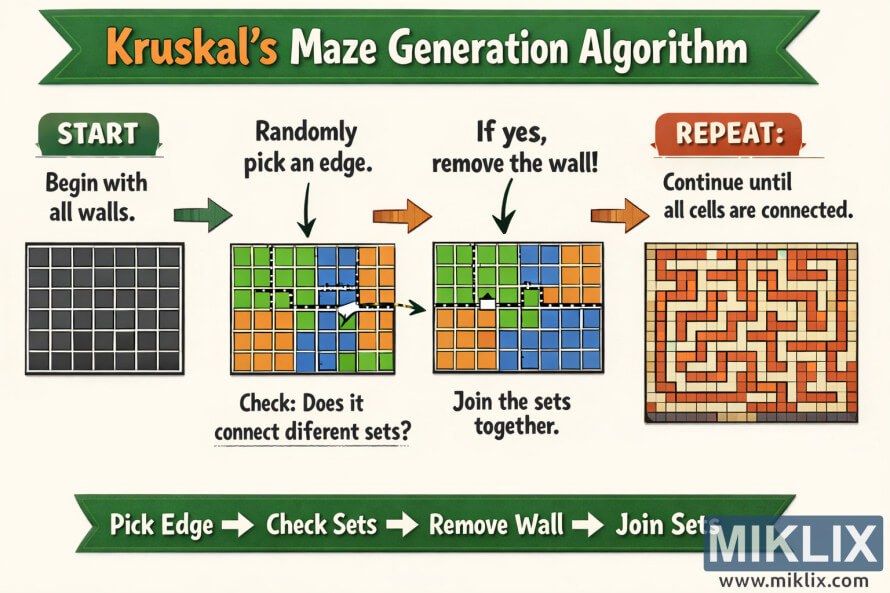 Landscape infographic titled Kruskal’s Maze Generation Algorithm showing step-by-step panels from a fully walled grid to a completed maze using pick edge, check sets, remove wall, and repeat.