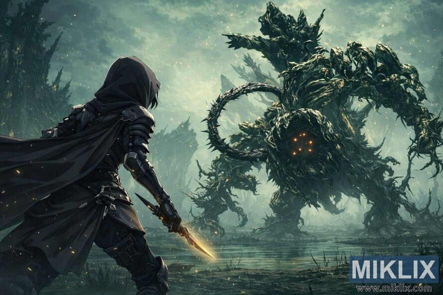 Anime-style fan art of the Tarnished in Black Knife armor cautiously approaching the Scadutree Avatar boss in the misty Scadutree Base, moments before combat begins.