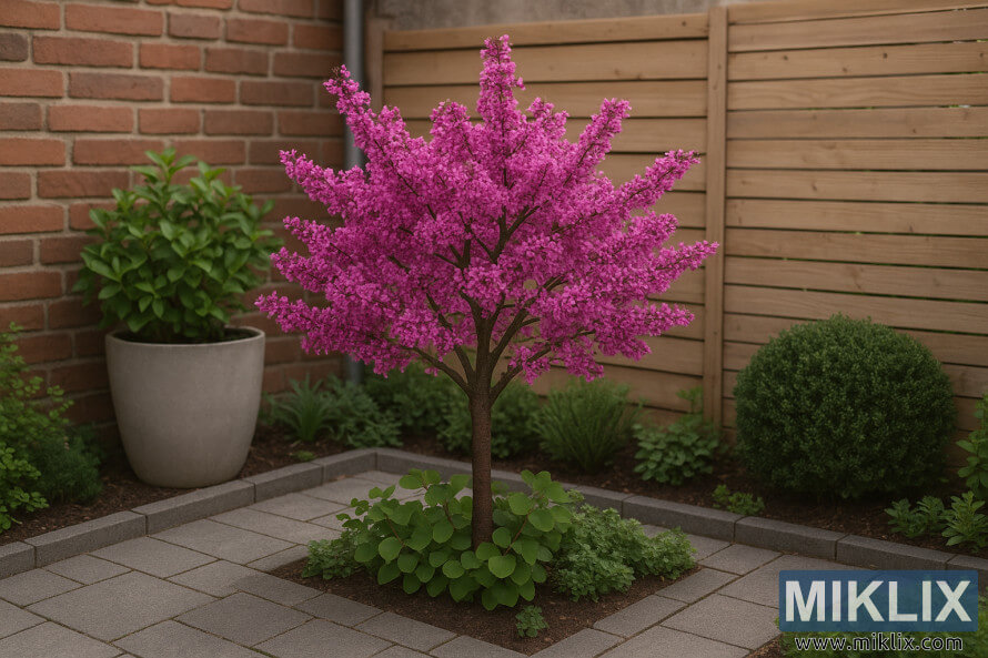 Un petit redbud en pleine floraison rose se dresse dans un petit jardin urbain soigneusement conÃ§u avec des clÃ´tures en brique et en bois.