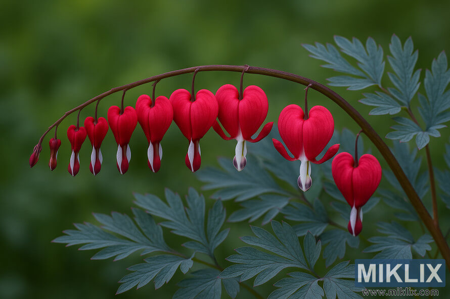 CÅurs brÃ»lants Sanglant avec des fleurs en forme de cÅur rouge foncÃ© suspendues Ã  une tige courbÃ©e rougeÃ¢tre au milieu du feuillage bleu-vert de fougÃ¨re.