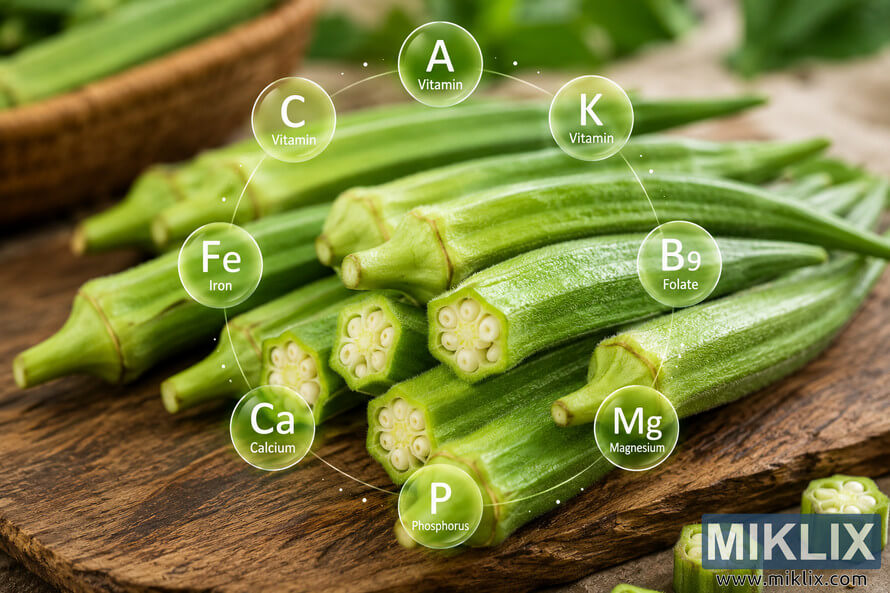 High-resolution landscape image of fresh green okra pods arranged on a rustic wooden board with translucent vitamin and mineral icons, including vitamins A, C, K, folate, calcium, magnesium, phosphorus, and iron, floating above the vegetables against a softly blurred natural background. High-resolution landscape image of fresh green okra pods arranged on a rustic wooden board with translucent vitamin and mineral icons, including vitamins A, C, K, folate, calcium, magnesium, phosphorus, and iron, floating above the vegetables against a softly blurred natural background.