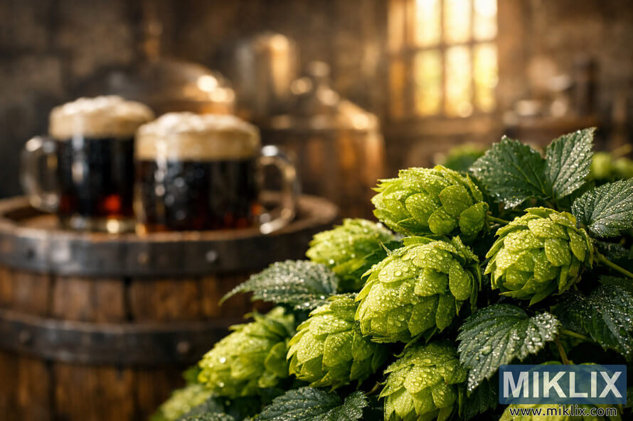Close-up of vibrant green hop cones covered in morning dew in a rustic brewery, with wooden barrels of dark frothy beer and warm golden light in the background. Close-up of vibrant green hop cones covered in morning dew in a rustic brewery, with wooden barrels of dark frothy beer and warm golden light in the background.