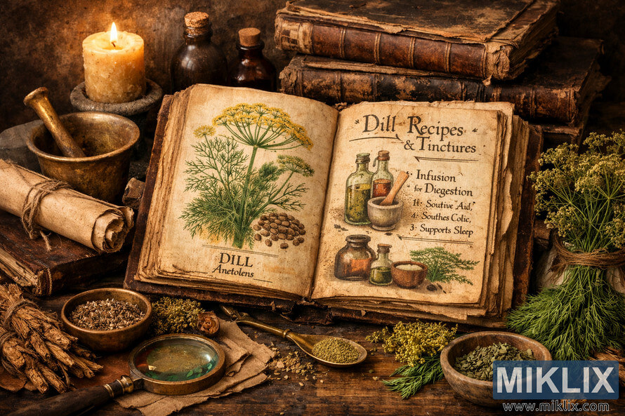 A warm-toned photograph of ancient herbal medicine books open on a wooden table, showing detailed illustrations and handwritten notes about traditional dill uses, surrounded by dried herbs, brass tools, and candles. A warm-toned photograph of ancient herbal medicine books open on a wooden table, showing detailed illustrations and handwritten notes about traditional dill uses, surrounded by dried herbs, brass tools, and candles.