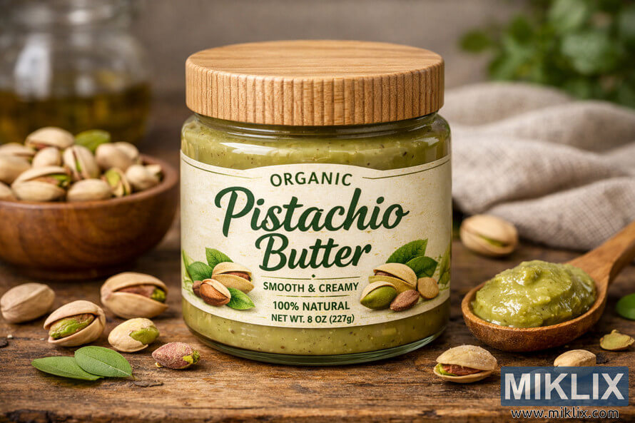 A jar of organic pistachio butter with a wooden lid placed on a rustic wooden surface surrounded by pistachios, a wooden spoon with pistachio butter, and green leaves. A jar of organic pistachio butter with a wooden lid placed on a rustic wooden surface surrounded by pistachios, a wooden spoon with pistachio butter, and green leaves.