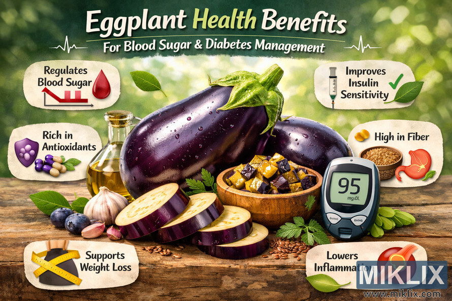Infographic showing eggplant with health benefits for blood sugar and diabetes management. Infographic showing eggplant with health benefits for blood sugar and diabetes management.