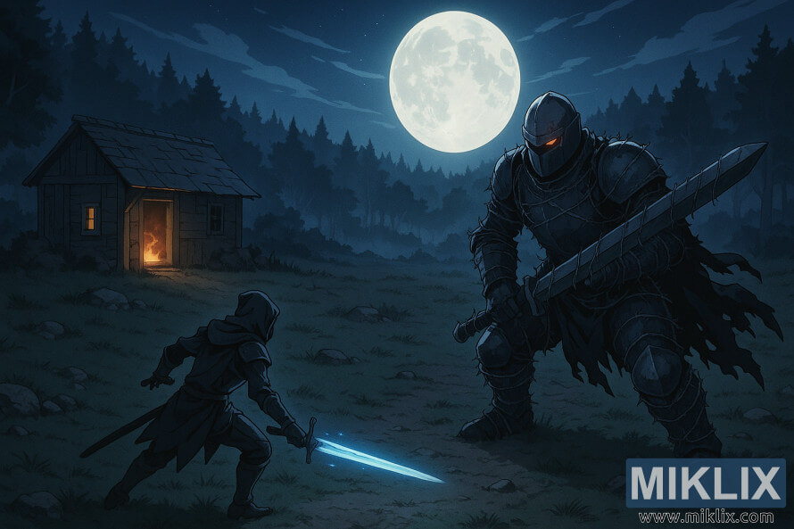 Ισομετρική σκηνή Elden Ring σε στυλ anime που δείχνει έναν Tarnished να αντιμετωπίζει έναν Κυνηγό με Κουδούνια και Κράνος τυλιγμένο σε συρματόπλεγμα κοντά στην Καλύβα του Ερημίτη, κάτω από ένα μεγάλο φεγγάρι. Ισομετρική σκηνή Elden Ring σε στυλ anime που δείχνει έναν Tarnished να αντιμετωπίζει έναν Κυνηγό με Κουδούνια και Κράνος τυλιγμένο σε συρματόπλεγμα κοντά στην Καλύβα του Ερημίτη, κάτω από ένα μεγάλο φεγγάρι.