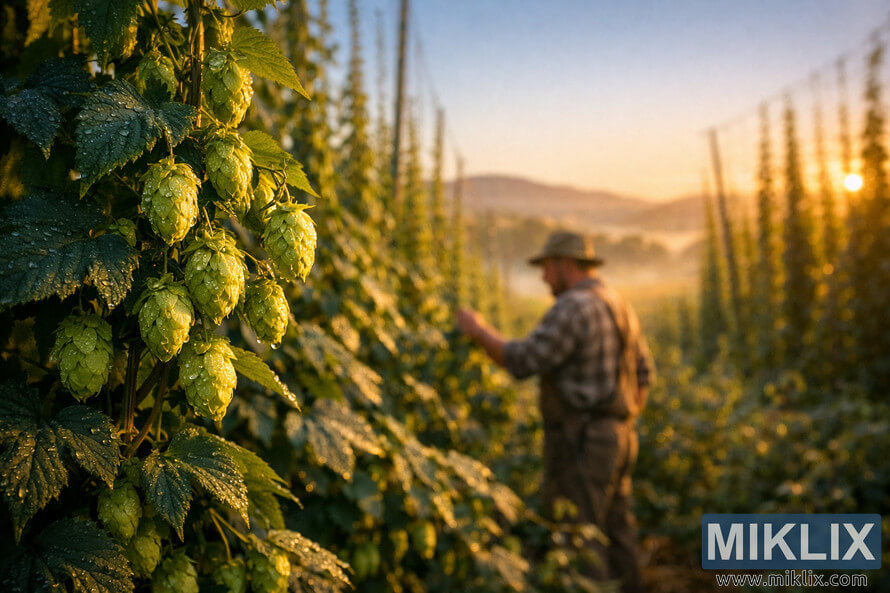 Dew-covered Tolhurst hops climbing trellises at sunrise, with a farmer inspecting the vines against rolling hills and a golden sky.