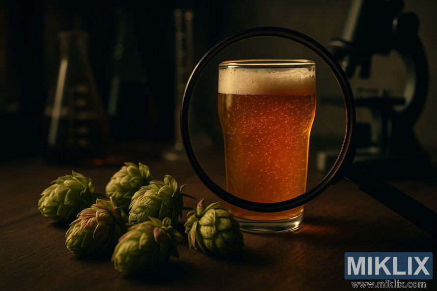 Lupa koja ispituje zlatno pivo okruženo hmeljem u slabo osvetljenoj laboratoriji za pivarstvo. Lupa koja ispituje zlatno pivo okruženo hmeljem u slabo osvetljenoj laboratoriji za pivarstvo.