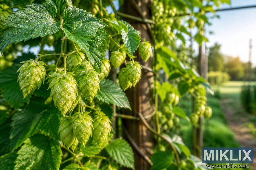 Close-up of dew-covered green hop cones and leaves growing on vines around a rustic trellis in a sunlit garden. Close-up of dew-covered green hop cones and leaves growing on vines around a rustic trellis in a sunlit garden.