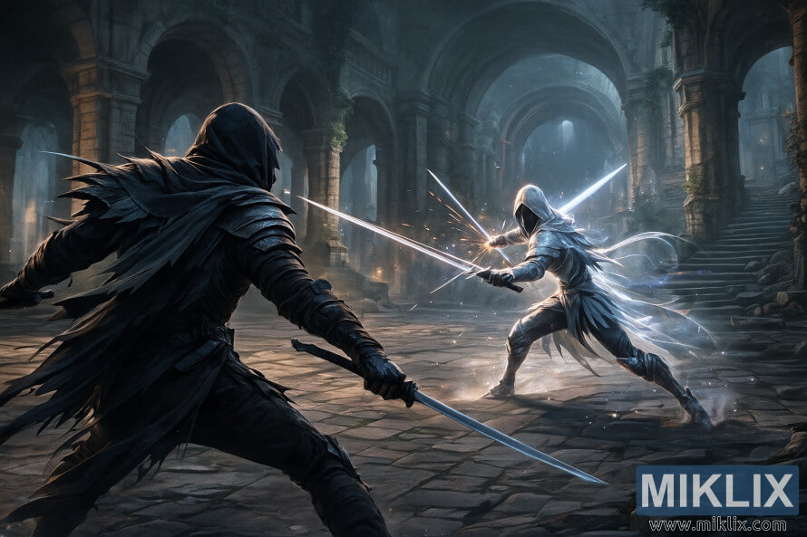 Dois guerreiros encapuzados, um com armadura escura da Faca Negra e outro a brilhar em prata, duelam dinamicamente num vasto salÃ£o subterrÃ¢neo em ruÃ­nas.