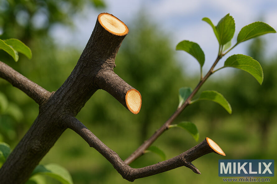 Close-up of quince tree branches with clean angled pruning cuts and vibrant green leaves