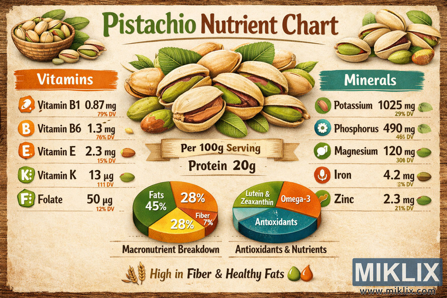 Infographic showing pistachio nuts with detailed nutritional breakdown including vitamins, minerals, macronutrients, and antioxidants.
