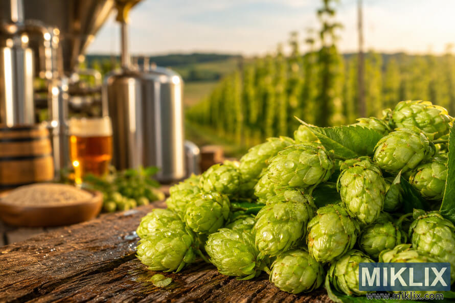 Fresh green hops with dewdrops on a rustic wooden table, with blurred brewing equipment and a sunny hop field in the background. Fresh green hops with dewdrops on a rustic wooden table, with blurred brewing equipment and a sunny hop field in the background.