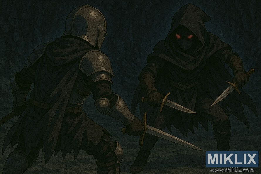 Fanart in anime-stijl van de Tarnished die het opneemt tegen een Black Knife Assassin met twee dolken in een donkere grot uit Elden Ring.