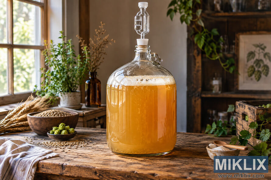 Glass carboy filled with cloudy golden fermenting beer and fitted with an airlock, surrounded by grains, hops and plants on a rustic wooden table.