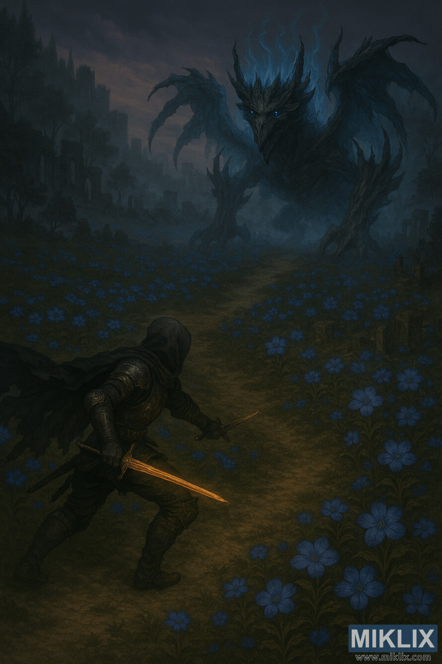 Realistic fantasy art showing the Tarnished in Black Knife armor confronting the Ghostflame Dragon from an elevated angle