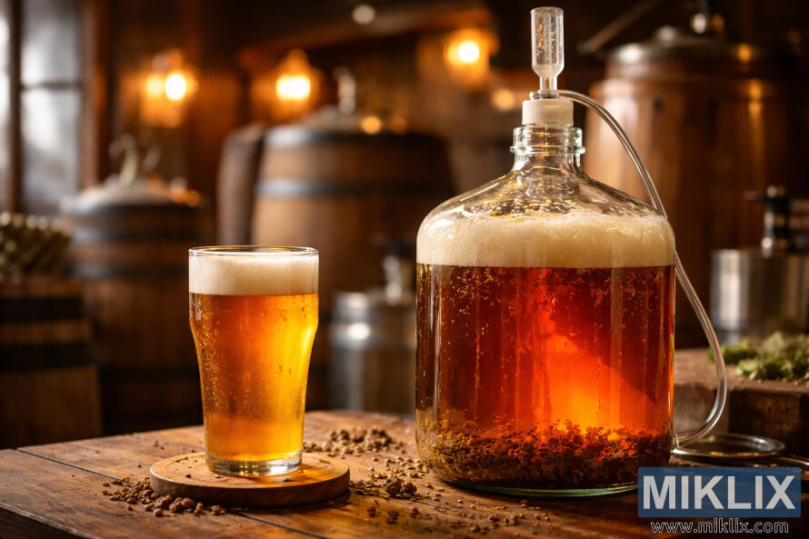 Close-up of a glass carboy with fermenting beer beside a glass of golden ale on a wooden table in a cozy brewery. Close-up of a glass carboy with fermenting beer beside a glass of golden ale on a wooden table in a cozy brewery.