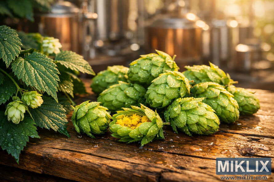 Close-up of dew-covered Pacifica hop cones with yellow lupulin on a rustic wooden table, softly blurred brewery equipment glowing in warm sunlight behind.