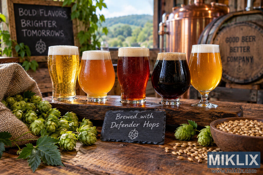 Five craft beers ranging from bright gold and hazy amber to deep red and near-black sit on a rustic wooden tasting board in a brewery, surrounded by fresh green hop cones, hop leaves, malted barley, a copper brewing vessel, and a wooden barrel. A slate sign in front reads "Brewed with Defender Hops." Five craft beers ranging from bright gold and hazy amber to deep red and near-black sit on a rustic wooden tasting board in a brewery, surrounded by fresh green hop cones, hop leaves, malted barley, a copper brewing vessel, and a wooden barrel. A slate sign in front reads "Brewed with Defender Hops."