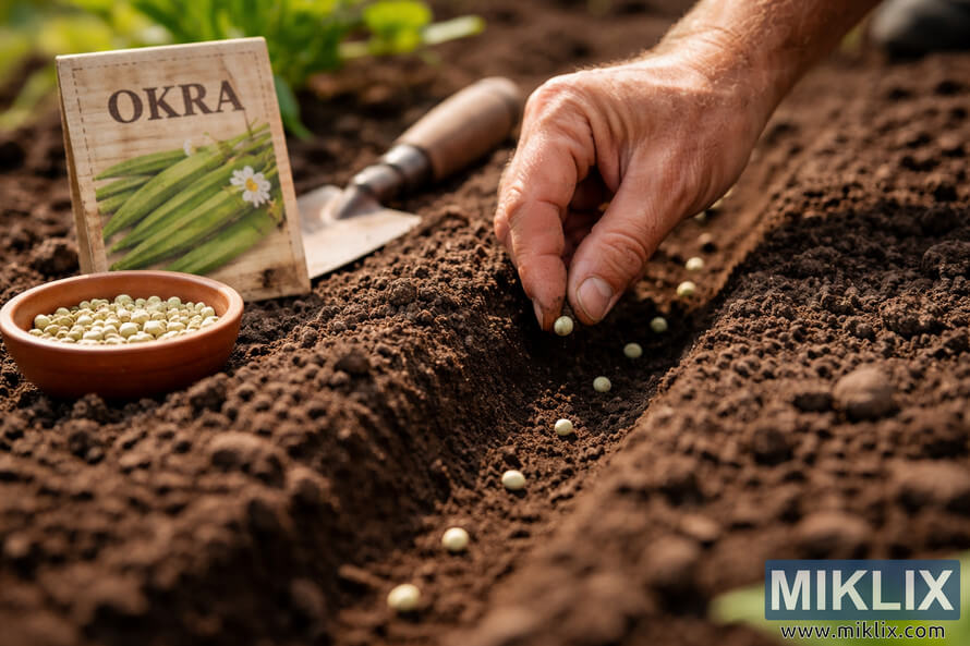 Close-up of a gardenerâs hand placing okra seeds into a shallow soil trench with a seed packet, small bowl of seeds, and hand trowel nearby.