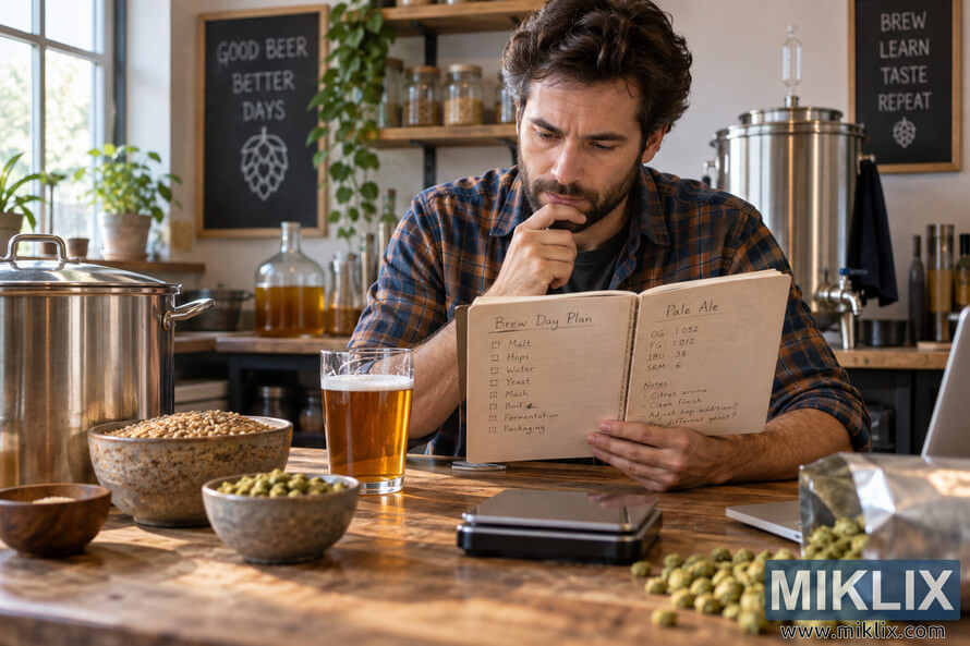 Homebrewer in a plaid shirt reviewing handwritten pale ale recipe notes at a wooden table with malt, hops, amber beer, a digital scale, laptop, and stainless-steel brewing equipment. Homebrewer in a plaid shirt reviewing handwritten pale ale recipe notes at a wooden table with malt, hops, amber beer, a digital scale, laptop, and stainless-steel brewing equipment.