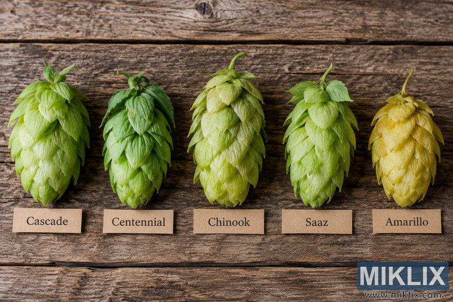 Top-down landscape photo of five hop cones arranged side by side on rustic wooden planks, with kraft-paper labels identifying Cascade, Centennial, Chinook, Saaz, and Amarillo. The cones vary from bright and dark green to pale yellow-green and golden yellow, highlighting differences in color, size, shape, and bract structure.