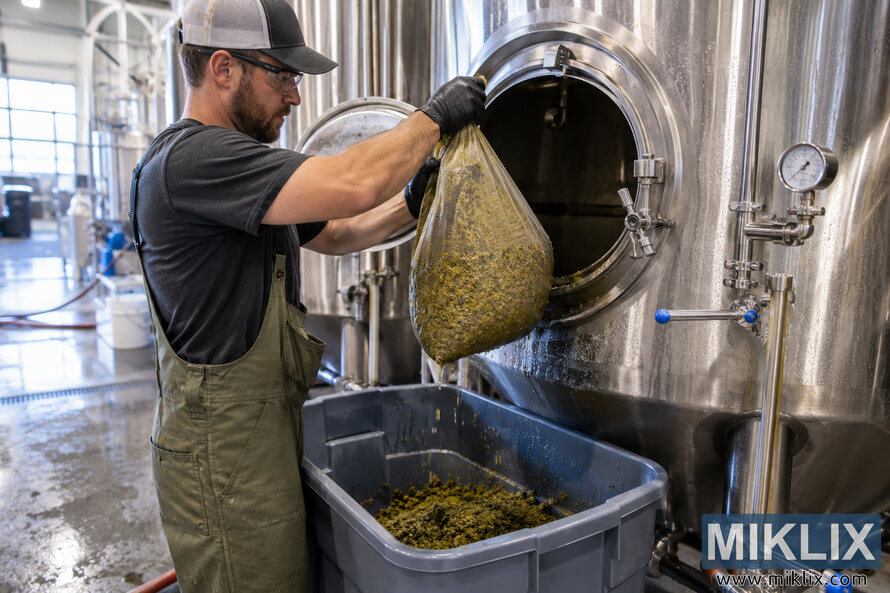 Brewery worker wearing safety glasses, gloves, and overalls lifts a large mesh bag filled with wet dry hops from the open hatch of a stainless-steel fermenter, allowing it to drain into a gray collection bin. Brewery worker wearing safety glasses, gloves, and overalls lifts a large mesh bag filled with wet dry hops from the open hatch of a stainless-steel fermenter, allowing it to drain into a gray collection bin.
