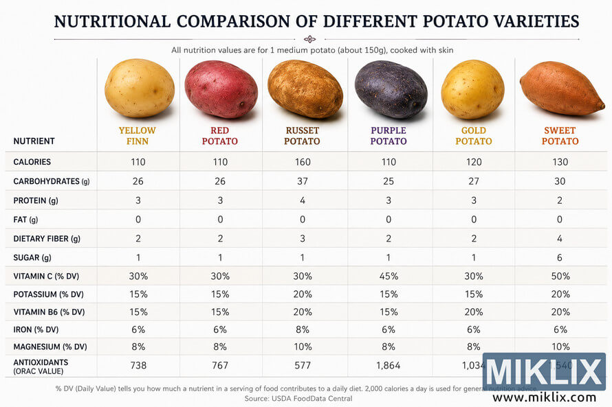 Landscape infographic comparing yellow Finn, red, russet, purple, gold, and sweet potatoes by calories, carbohydrates, protein, fiber, vitamins, minerals, potassium, and antioxidants. Landscape infographic comparing yellow Finn, red, russet, purple, gold, and sweet potatoes by calories, carbohydrates, protein, fiber, vitamins, minerals, potassium, and antioxidants.