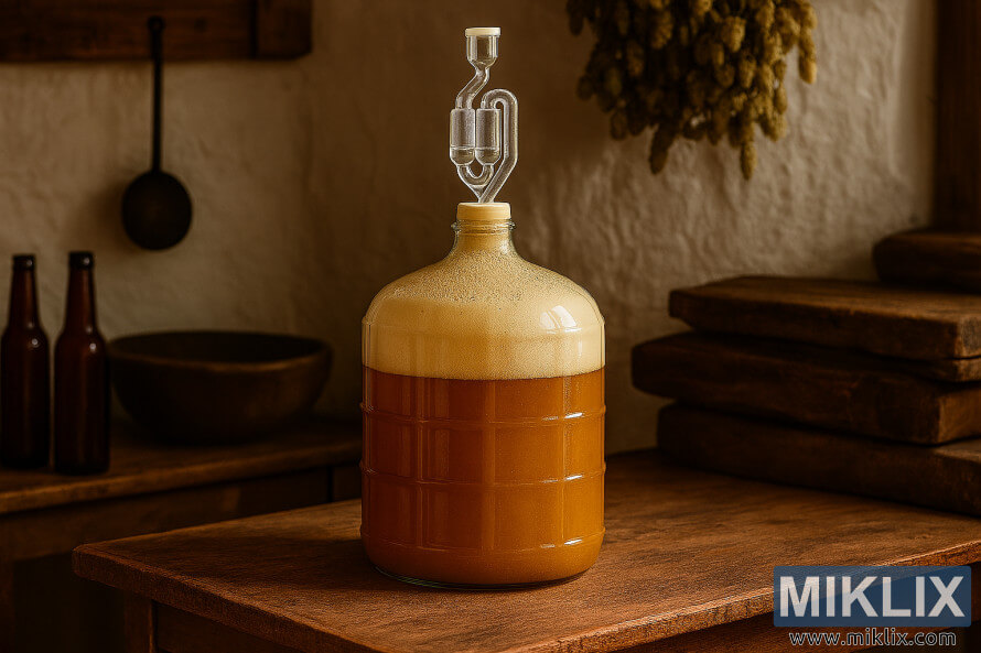 Glasdunke gÃ¦rer tysk lagerÃ¸l pÃ¥ et trÃ¦bord i et rustikt hjemmebrygget rum