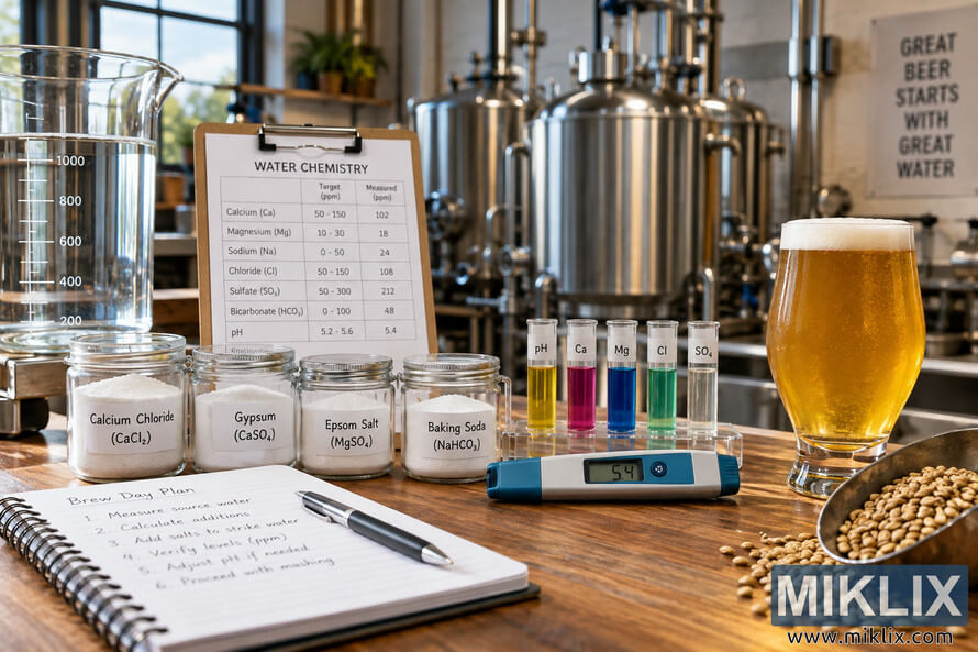 Landscape view of a brewery water chemistry workspace with a measured water sample, brewing salts, test tubes, a digital pH meter reading 5.4, a water chemistry chart, brew-day notebook, malted barley, golden beer, and stainless-steel brewing tanks in the background. Landscape view of a brewery water chemistry workspace with a measured water sample, brewing salts, test tubes, a digital pH meter reading 5.4, a water chemistry chart, brew-day notebook, malted barley, golden beer, and stainless-steel brewing tanks in the background.