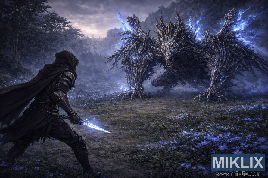 Realistische Fantasy-Darstellung der Befleckten in Schwarzmesser-RÃ¼stung, die einem gewaltigen Geisterflammen-Drachen an der Azurblauen KÃ¼ste gegenÃ¼berstehen.