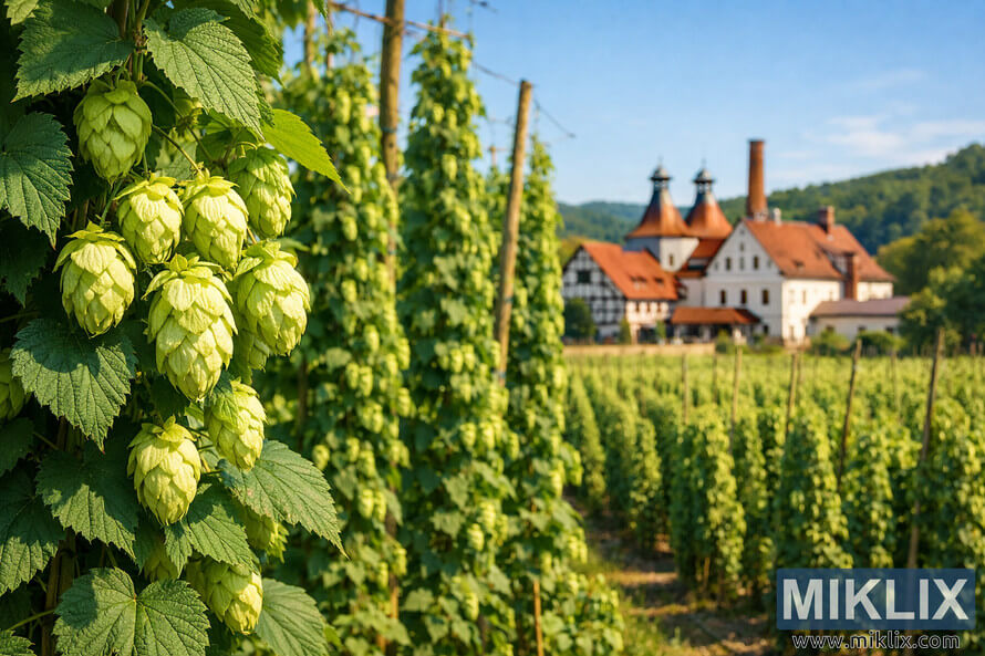 Close-up of pale green hop cones hanging from lush vines in a Saxon hop field, with a traditional brewery and rolling hills in the background under a clear blue sky.