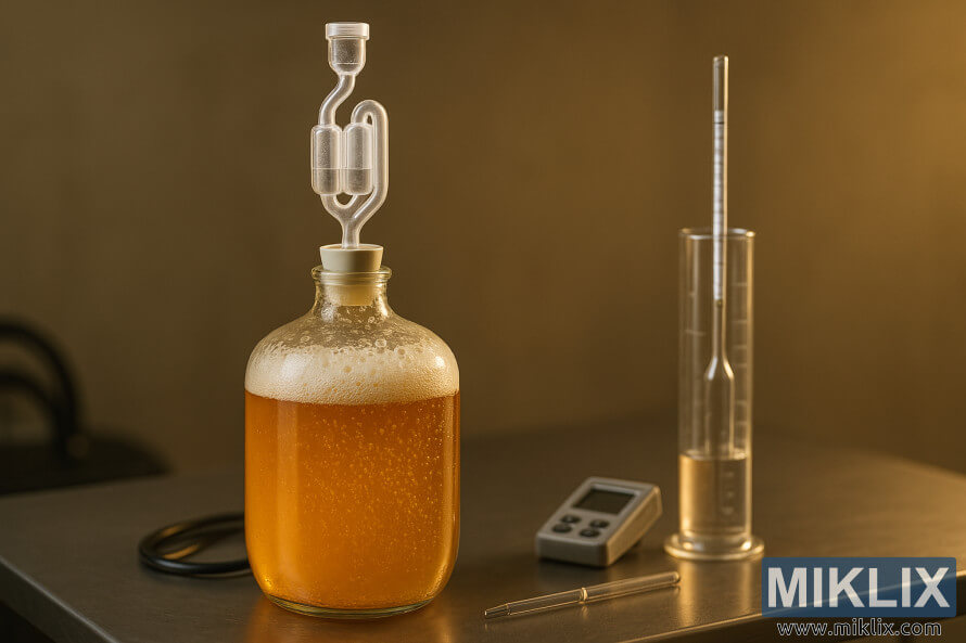 Pamje nga afÃ«r e njÃ« kazani prej qelqi qÃ« fermenton birrÃ« tÃ« artÃ« Weizen me shkumÃ« krausen, tÃ« pajisur me njÃ« mbyllÃ«se ajri nÃ« formÃ« S-je, sÃ« bashku me njÃ« hidrometÃ«r, termometÃ«r dhe tavolinÃ« Ã§eliku inox.