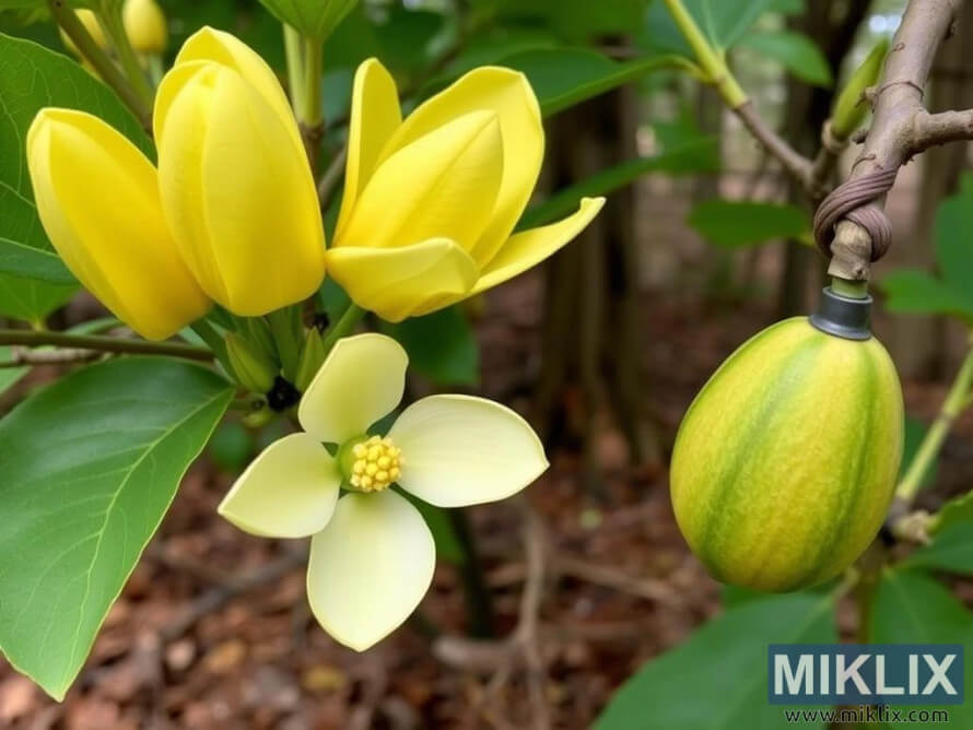 Yellow-green tulip-shaped Cucumber Magnolia flowers with developing cucumber-like fruit among glossy leaves. Yellow-green tulip-shaped Cucumber Magnolia flowers with developing cucumber-like fruit among glossy leaves.