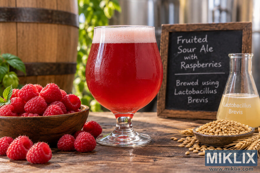 Glass of red raspberry sour ale with fresh raspberries, grain, wheat, a Lactobacillus Brevis flask, and a labeled chalkboard in a rustic brewery setting.
