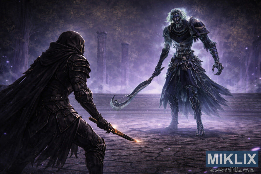 Realistic fantasy style image of the Tarnished in dark armor confronting a towering icy warrior inside a glowing magical stone arena before battle.