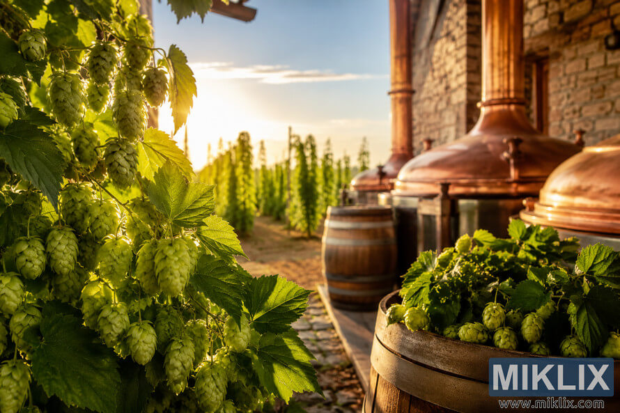 Golden hour hop farm with vibrant green hop cones, copper brewing kettles, wooden barrels, and a rustic historic brewery beside sunlit hop rows. Golden hour hop farm with vibrant green hop cones, copper brewing kettles, wooden barrels, and a rustic historic brewery beside sunlit hop rows.
