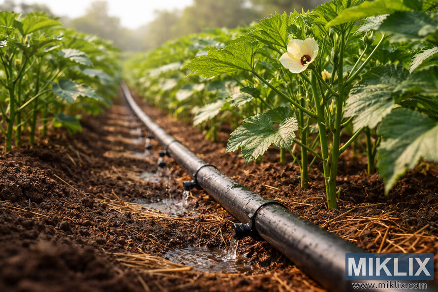 Close-up of a drip irrigation pipe delivering water to rows of healthy okra plants growing in cultivated soil under soft morning sunlight.