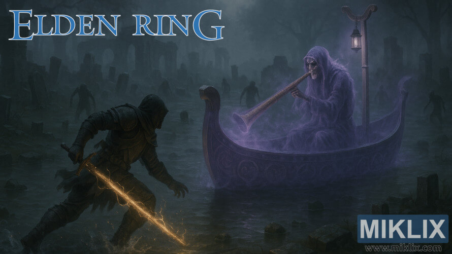 Fan art of Tarnished confronting Tibia Mariner in a spectral boat at Wyndham Ruins in Elden Ring Fan art of Tarnished confronting Tibia Mariner in a spectral boat at Wyndham Ruins in Elden Ring