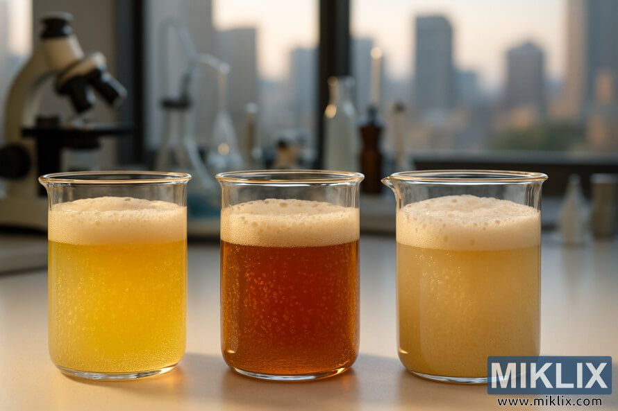 Tre bÃ¦gerglas med aktiv lagergÃ¦rfermentering i et godt oplyst laboratoriemiljÃ¸.