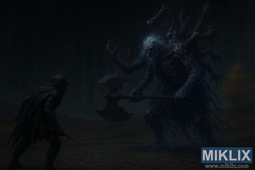 Adegan fantasi gelap perisai Pisau Hitam Berlumur Tarnished menghadap Godefroy the Grafted yang mengerikan, berkaki banyak, berwarna biru-ungu bercahaya dan memegang kapak dua tangan.